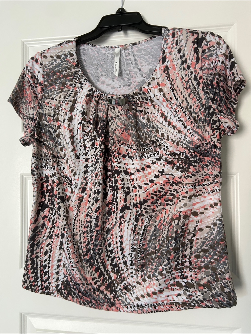 NY Collection Pink Black Cream Short Sleeve Scoop Neck Top